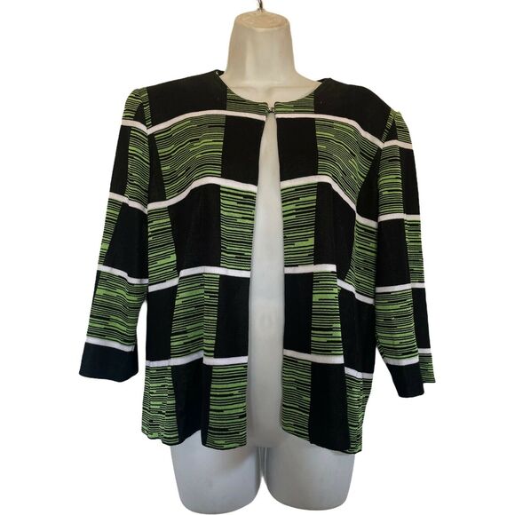 misook green black white Stripe Textured Open Front cardigan Petite Size PL - Picture 1 of 4